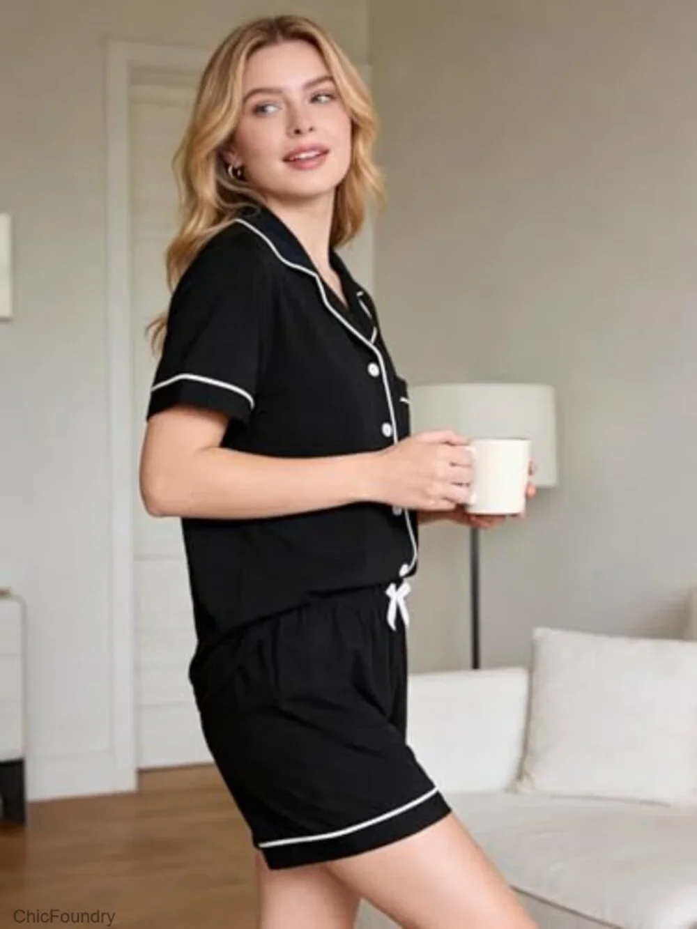 100% Cotton Pajama Set Short Sleeve Shorts Lounge Sleepwear - Picture 3 of 7
